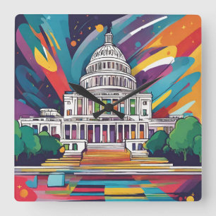 Carrée Fun Vibrant Funky Washington DC Horloge murale!
