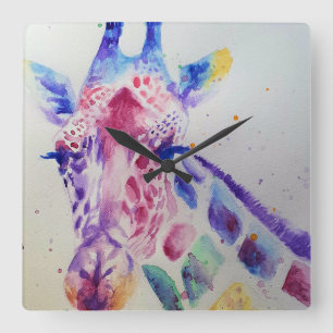 Carrée Giraffe Aquarelle Peinture Art Mur Horloge