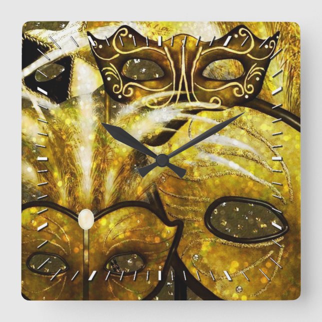 Carrée Golden Mardi Gras Masque Mur Horloge (Recto)