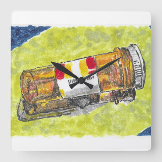 Carrée Grande bouteille de pilule aquarelle horloge mural