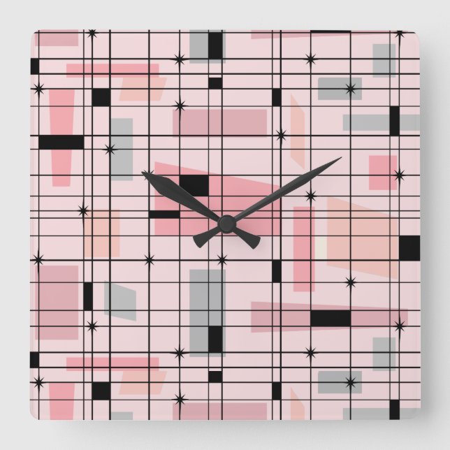 Carrée Grille rose rétro et Starburts Carré Horloge mural (Recto)