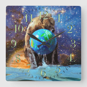 Carrée Grizzly Oear & Planet Earth Imaginaire Art Horloge
