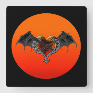 Carrée Halloween Goth Orange Heart & Bat Wings Horloge mu