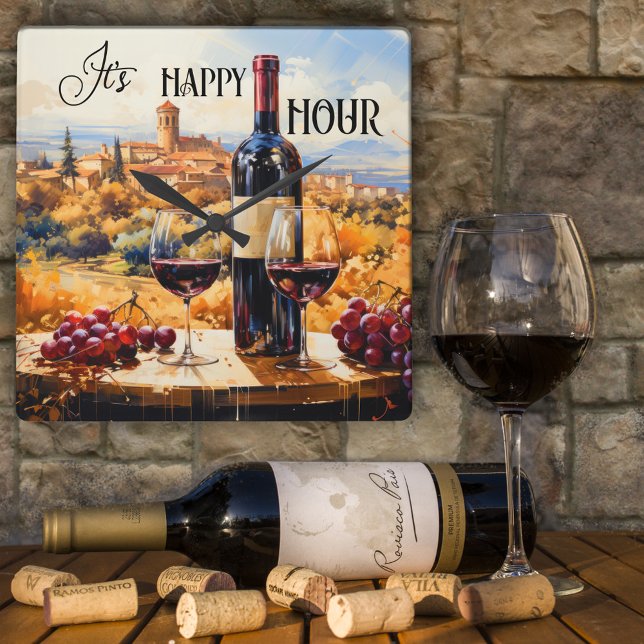 Carrée Happy Hour Italien Paysage Vin Horloge d'Art (An artistic design wall clock featuring an Italian fantasy landscape painting with red wine)