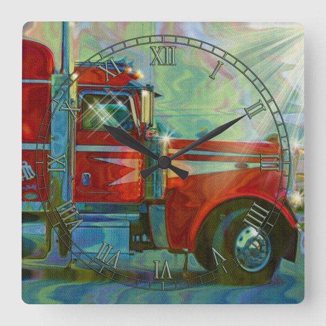 Carrée Heavy Transport Camion Rouge Art Mur Horloge (Recto)