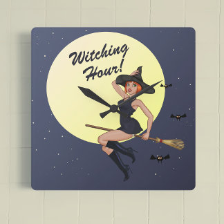 Carrée Heure de sorcière Halloween rétro sorcière horloge