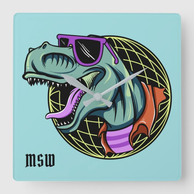 Carrée Hipster T-Rex personnalisé monogramme et horloge m (Recto)
