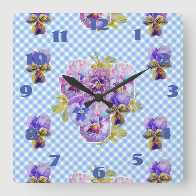 Carrée Horloge à carreaux floraux de pensées bleus shabby (Recto)