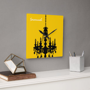 Carrée Horloge à Chandeliers Jaune Moutarde Personnalisée