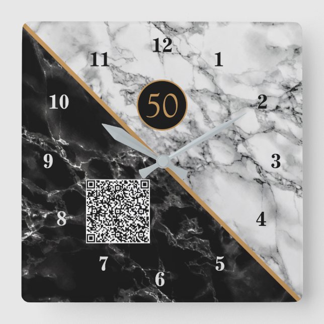 Carrée Horloge Anniversaire Votre Code QR Marbre noir bla (Recto)