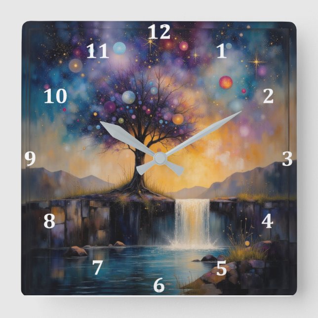 Carrée Horloge arbre et cascade (Recto)