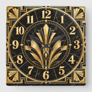 Carrée Horloge Art Déco Noir et Or Glamour