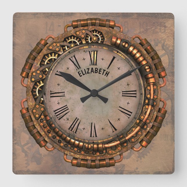 Carrée Horloge Art Déco Steampunk Vintage rouille (Recto)