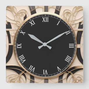 Carrée Horloge Art nouveau foncé - Noir Blanc Or