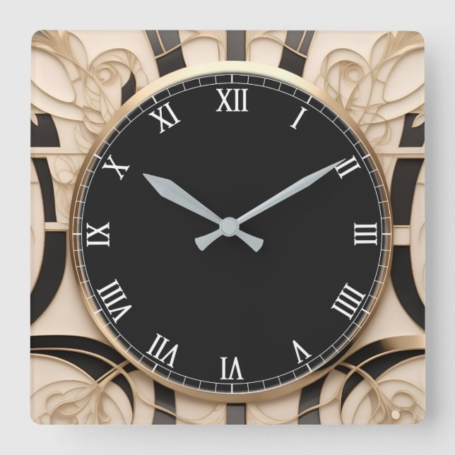 Carrée Horloge Art nouveau foncé - Noir Blanc Or (Recto)