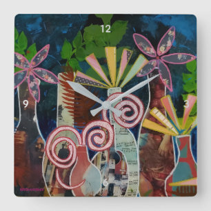Carrée Horloge avec Fleurs coupées Art