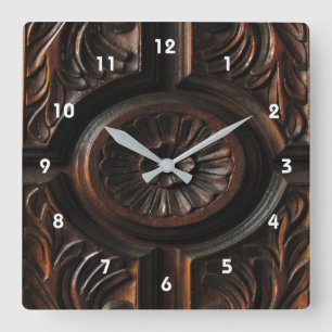 Carrée Horloge Brown de sculpture sur bois