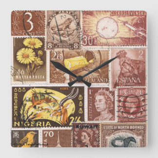 Carrée Horloge Brown Sepia Gold Wall, Postage Timbre Art