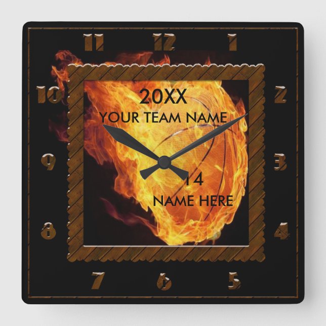 Carrée Horloge brune et noire de basket-ball avec le nom (Recto)