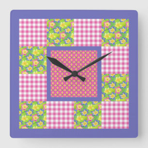 Carrée Horloge carré : Rose : Primroses, Pois, En vichy