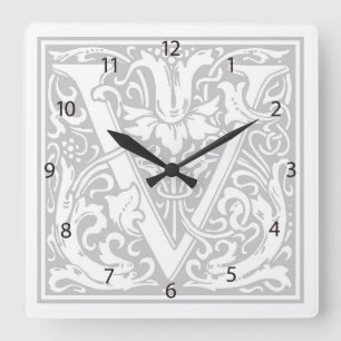 Carrée Horloge Carré William Morris Alphabet "V"