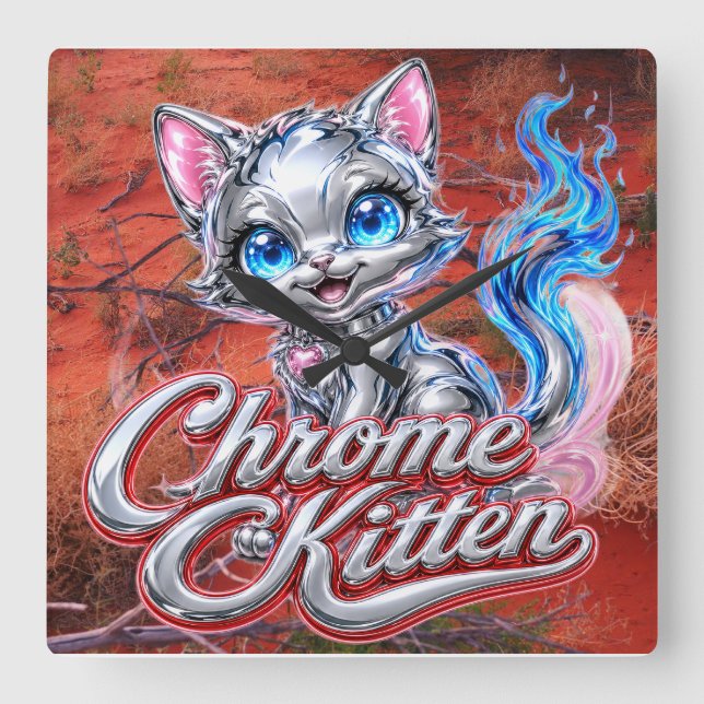 Carrée Horloge Chrome Kitten Outback Purrer (Recto)