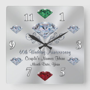 Carrée Horloge d'anniversaire de diamant avec des vos
