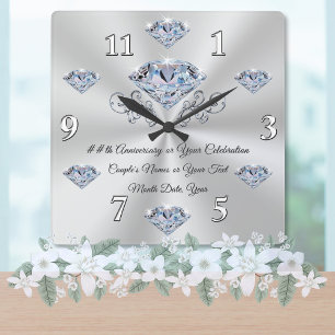 Carrée Horloge d'anniversaire de diamant ou votre