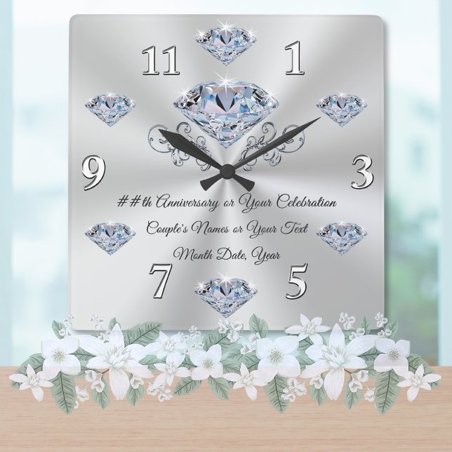 Carrée Horloge d'anniversaire de diamant ou votre (Diamond wedding anniversary gifts for parents. 10 years of marriage gifts. Clock anniversary gift.)