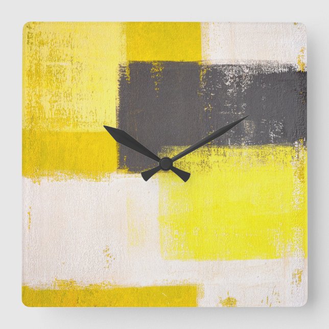 Carrée Horloge d'art Abstrait gris et jaune "Simply Moder (Recto)