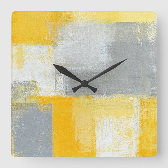 Carrée Horloge d'art Abstrait gris et jaune "sournois" (Recto)