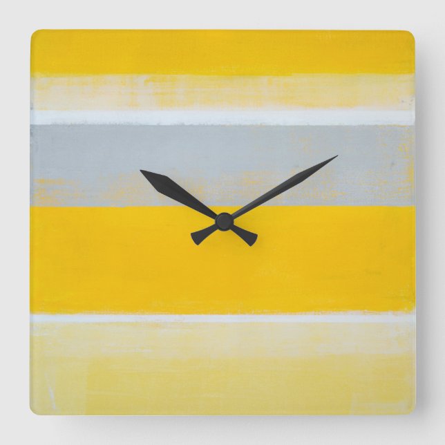 Carrée Horloge d'art Abstrait gris et jaune 'trébuché' (Recto)