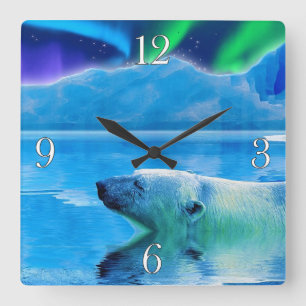 Carrée Horloge d'art de l'ours polaire et de l'Aurora