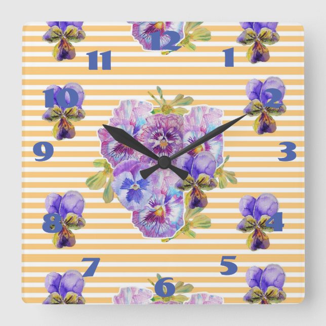 Carrée Horloge d'art floral de pensées jaunes Chic Shabby (Recto)