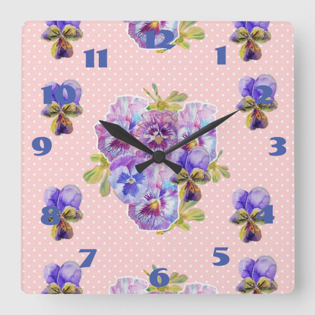 Carrée Horloge d'art floral de pensées rose shabby chic (Recto)