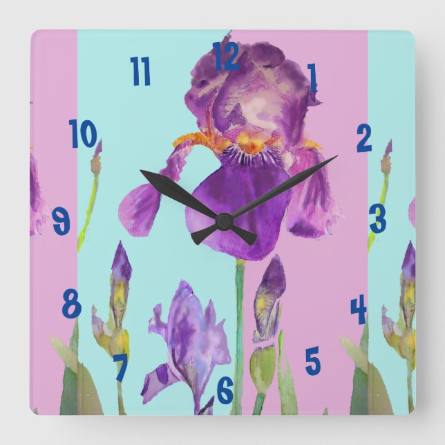 Carrée Horloge de bureau pour femme à aquarelle Iris pour (Recto)