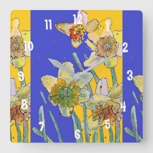 Carrée Horloge de bureau pour femme jaune aquarelle Jonqu
