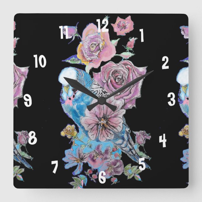 Carrée Horloge de bureau pour femme noire aquarelle Blue  (Recto)