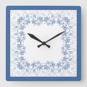Carrée Horloge de Carré de frontière florale bleu Indigo