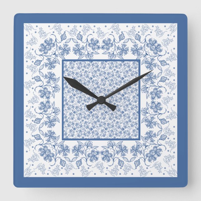 Carrée Horloge de Carré de frontière florale bleu Indigo  (Recto)