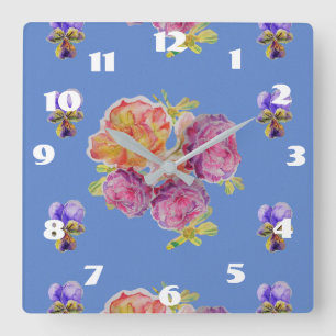 Carrée Horloge de chambre Fleurs Rose Roses Bleues Shabby
