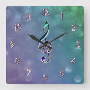 Carrée Horloge de clef de musique de conception en verre