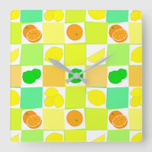 Carrée Horloge de cuisine motif citron vert et oranges