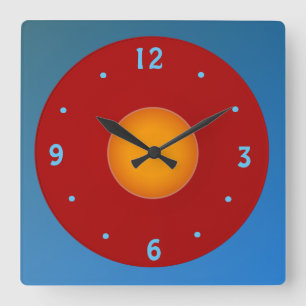 Carrée Horloge de cuisine rouge jaune/orange bleu