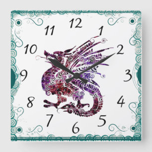 Carrée Horloge de dragon d'art chinois violet et rouge