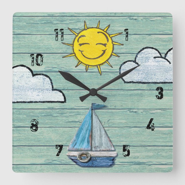 Carrée Horloge de Driftwood Beach avec des chiffres. Jade (Recto)
