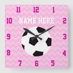 Carrée Horloge de football : Bal de soccer rose Chevron