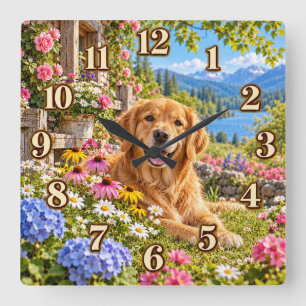 Carrée Horloge de jardin de montagne Golden Retriever
