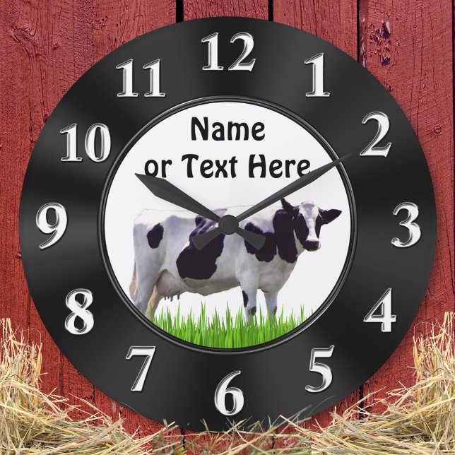 Carrée Horloge de la VACHE Noire et Blanche personnalisée (Personalized, Cow Wall Clock. Farmhouse kitchen clock. Black and white cow. Farmhouse Decor.)