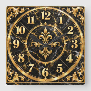 Carrée Horloge de luxe noire et or ornée élégante